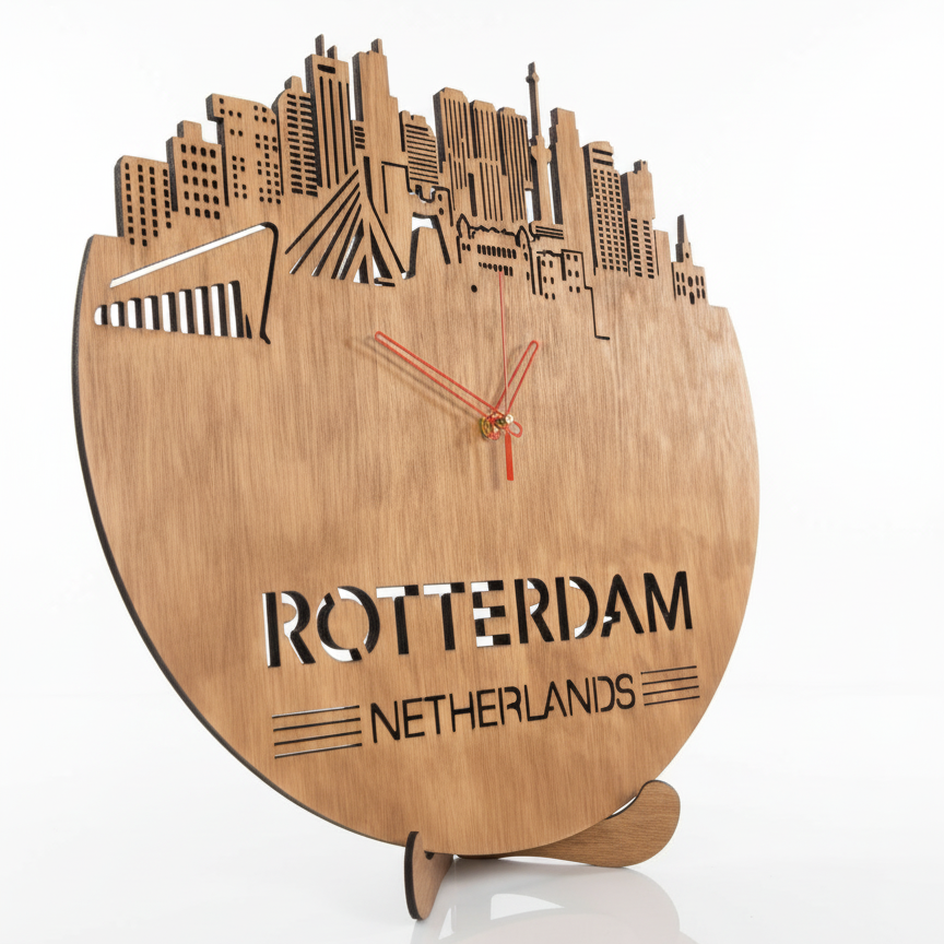 Rotterdam aan de Muur: Exclusieve Houten Skyline Klok - Een Tijdloos Design